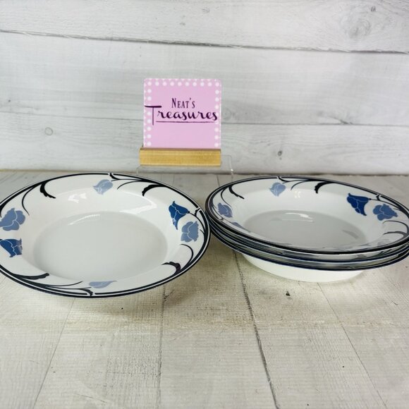 Dansk TIVOLI BELLES FLEURS Blue Stems Trim Flowers Rim Soup Cereal Bowls Set 4 - Picture 1 of 16